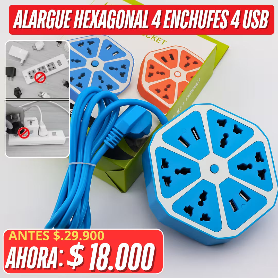 Alargue Hexagonal Universal de 1.5M 4 tomas 4 Usb