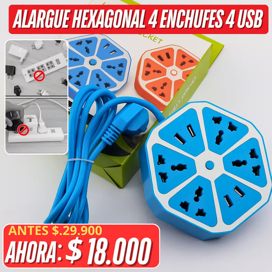 Alargue Hexagonal Universal de 1.5M 4 tomas 4 Usb